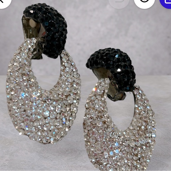VINTAGE BELLINI BLK/CLEAR SWAROFSKI CRYSTAL LOADED GLITZ EARRINGS - Picture 2 of 15
